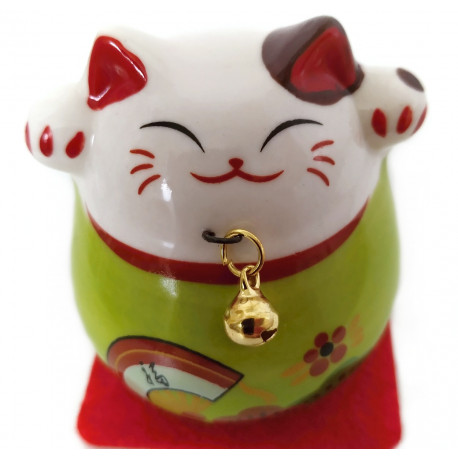 Kočka Štěstí Maneki Neko rolnička / zelená Keramika